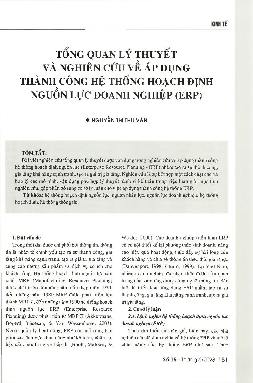 Tổng quan lý thuyết và nghiên cứu về áp dụng thành công hệ thống hoạch định nguồn lực doanh nghiệp (ERP)