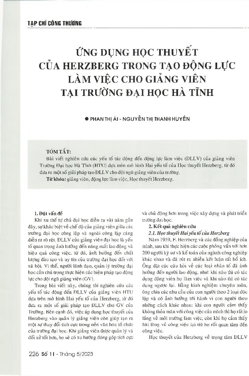 Ứng dụng học thuyết của Herzberg trong tạo động lực làm việc cho giảng viên tại Trường Đại học Hà Tĩnh