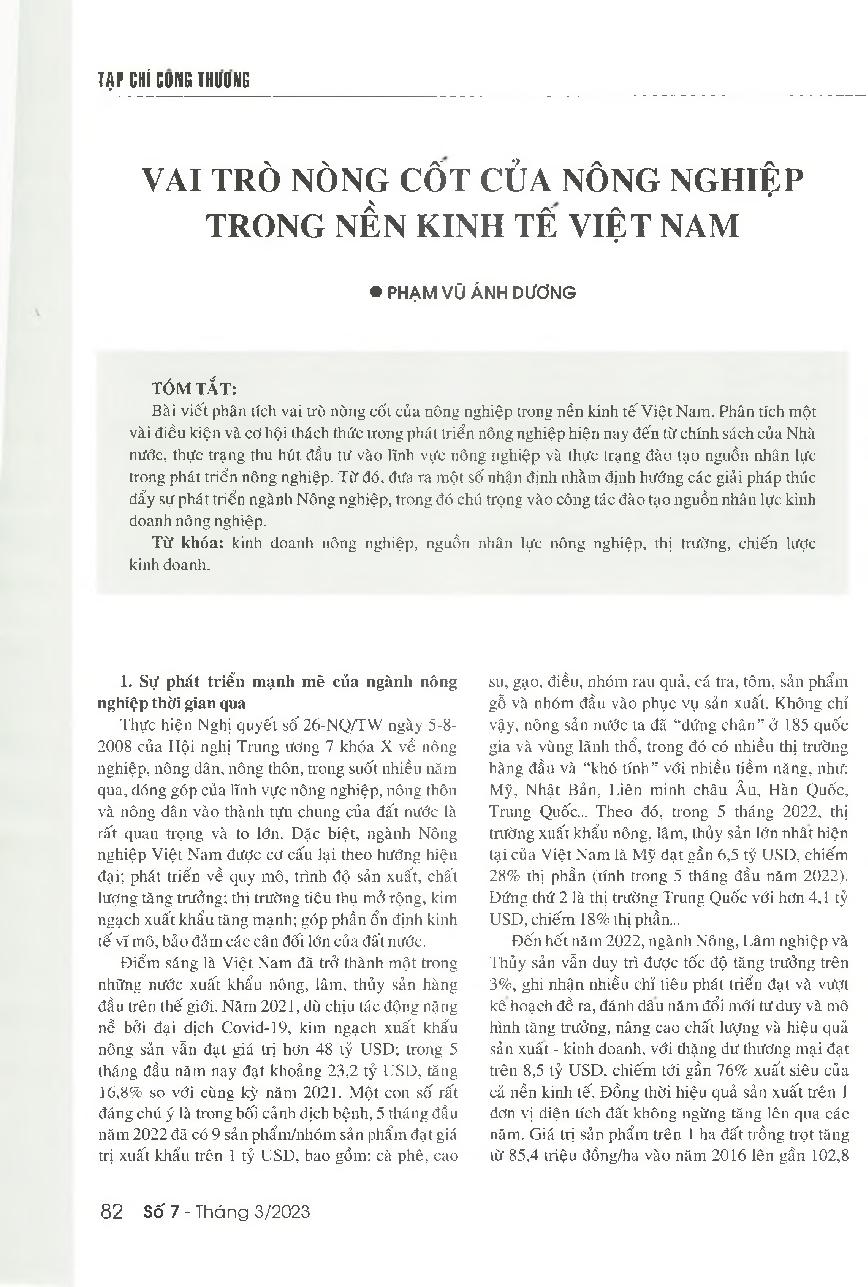 Vai trò nòng cốt của nông nghiệp trong nền kinh tế Việt Nam = The key role of agriculture in the Vietnamese economy