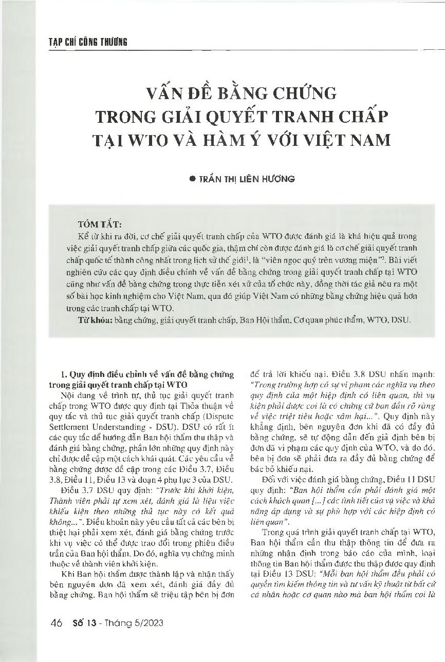 Vấn đề bằng chứng trong giải quyết tranh chấp tại WTO và hàm ý với Việt Nam