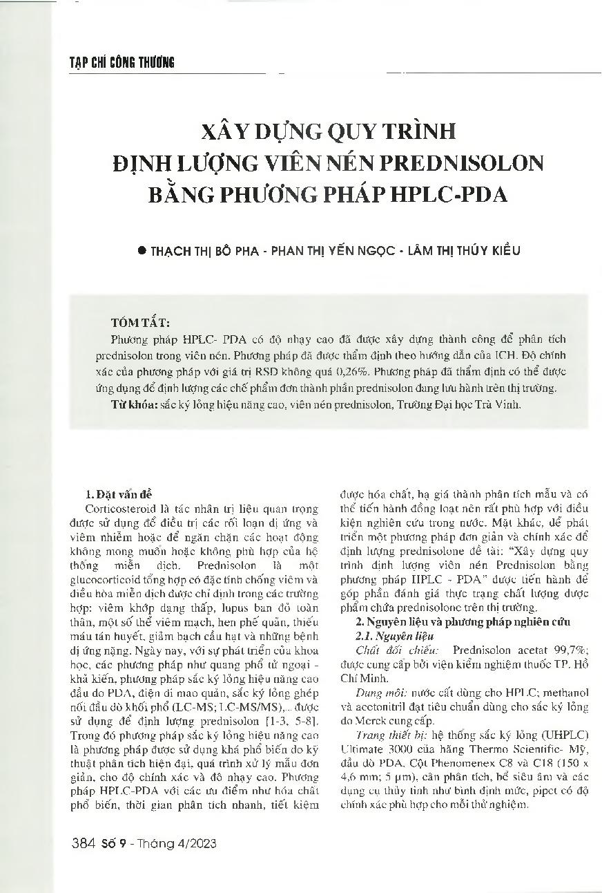 Xây dựng quy trình định lượng viên nén prednisolon bằng phương pháp HPLC-PDA