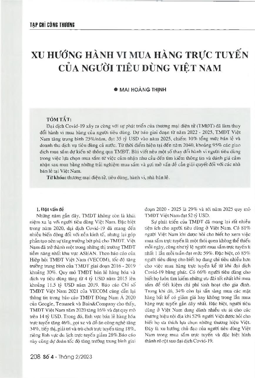 Xu hướng hành vi mua hàng trực tuyến của người tiêu dùng Việt Nam = Online shopping trends of Vietnamese consumers
