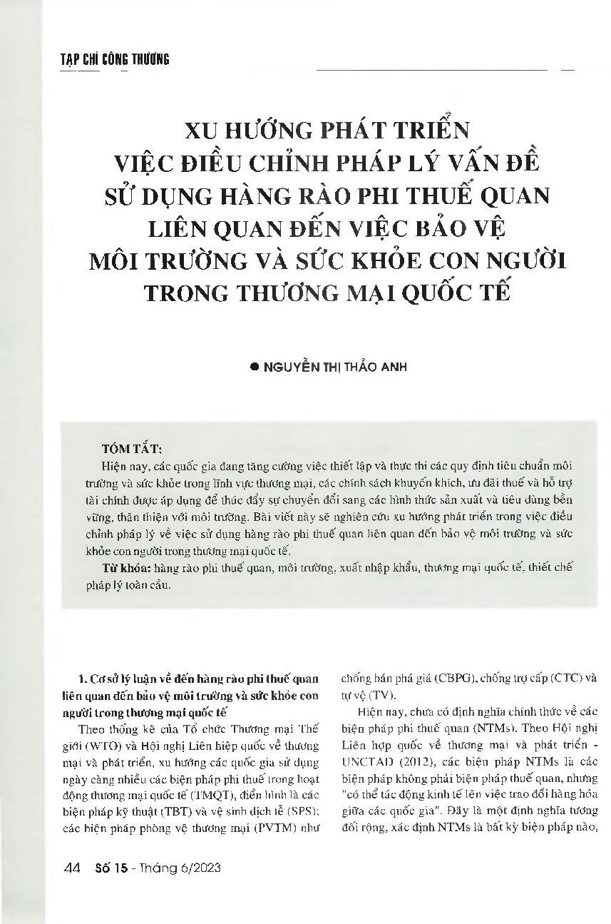 Xu hướng phát triển việc điều chỉnh pháp lý vấn đề sử dụng hàng rào phi thuế quan liên quan đến việc bảo vệ môi trường và sức khỏe con người trong thương mại quốc tế