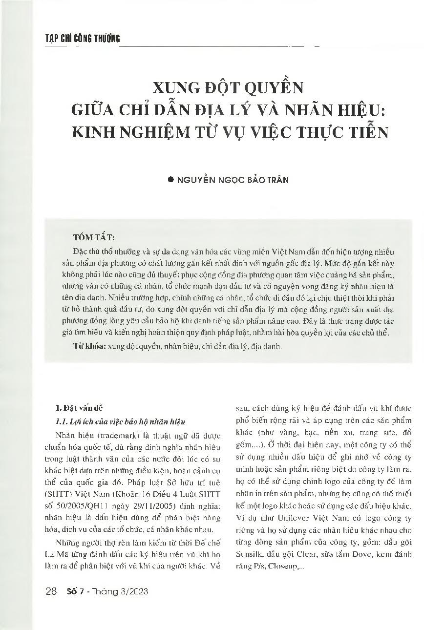 Xung đột quyền giữa chỉ dẫn địa lý và nhãn hiệu - Kinh nghiệm từ vụ việc thực tiễn = The conflict of rights between trademark and geographical indication: Experiences from practical cases