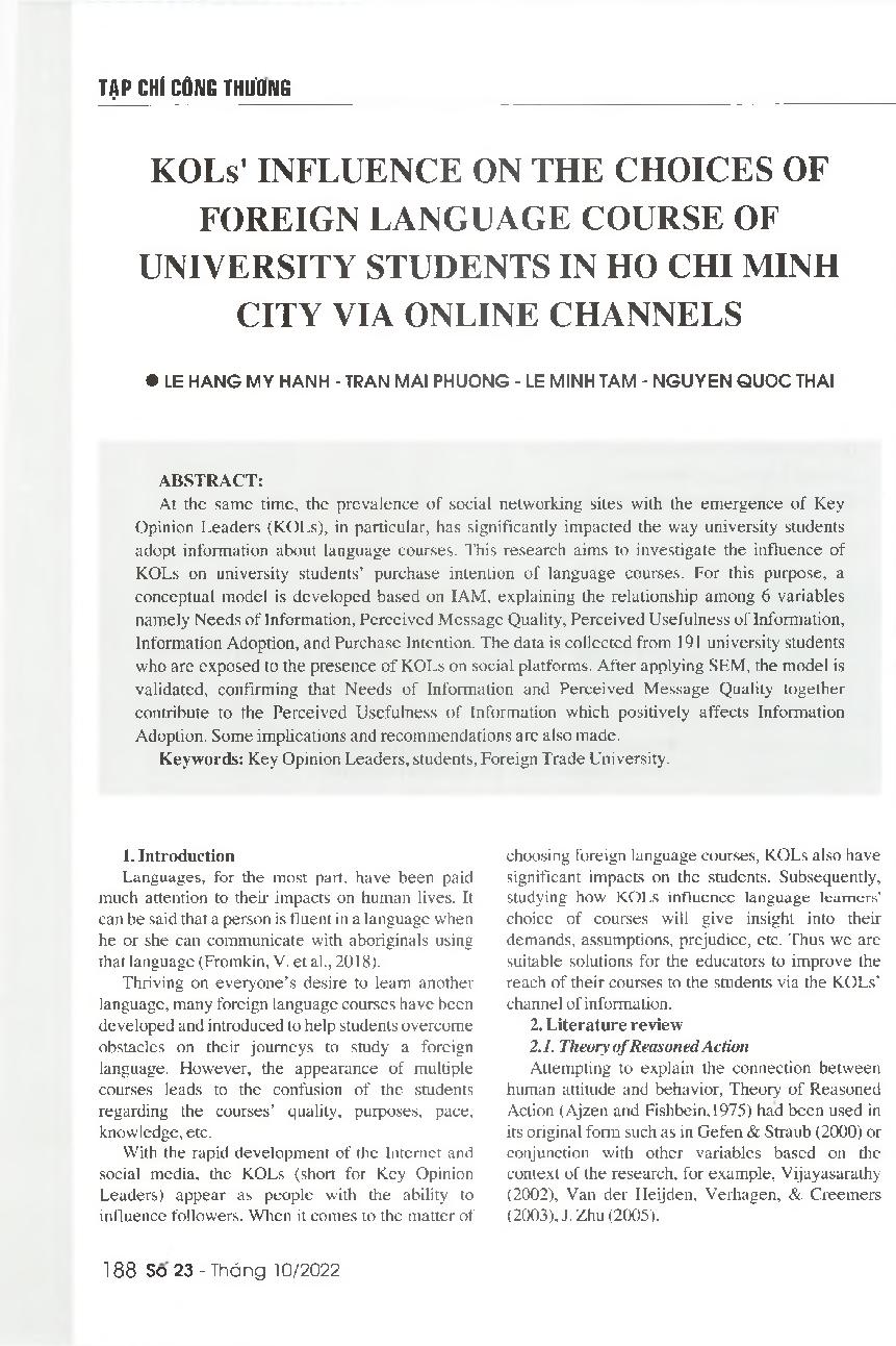 Ảnh hưởng của những người dẫn dắt dư luận chủ chốt (KOL) đến việc lựa chọn khoá học ngoại ngữ của sinh viên đại học tại TP. Hồ Chí Minh qua các kênh trực tuyến = KOLs1 influence on the choices of foreign language course of university students in Ho Chi Mi