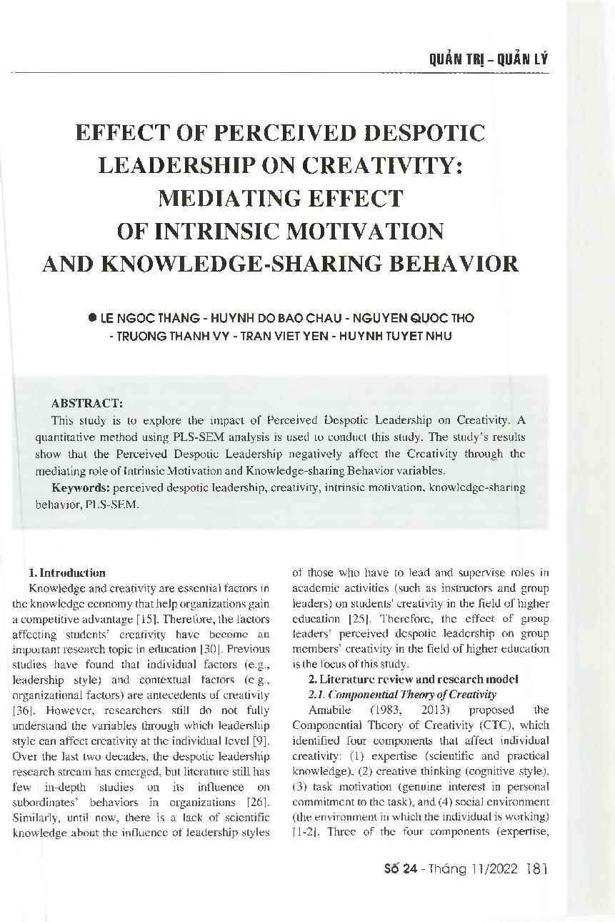 Ảnh hưởng của phong cách lãnh đạo chuyên quyền đến sự sáng tạo: Tác động trung gian của động lực nội tại và hành vi chia sẻ tri thức = Effect of Perceived Despotic Leadership on Creativity: Mediating effect of Intrinsic motivation and Knowledge-sharing be
