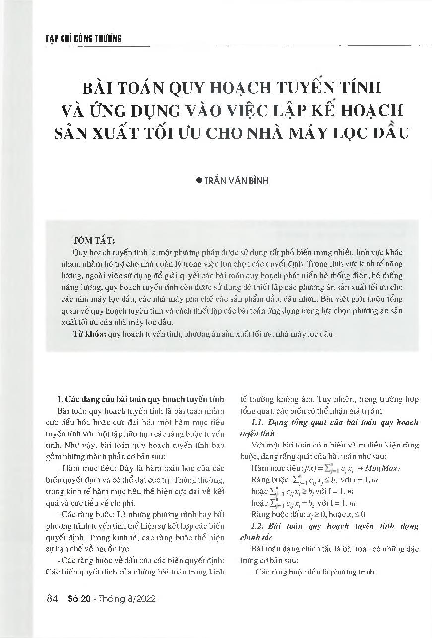 Bài toán quy hoạch tuyến tính và ứng dụng vào việc lập kế hoạch sản xuất tối ưu cho nhà máy lọc dầu = An overview of linear programming problem and how to use it to choose the optimal production plan of oil refineries