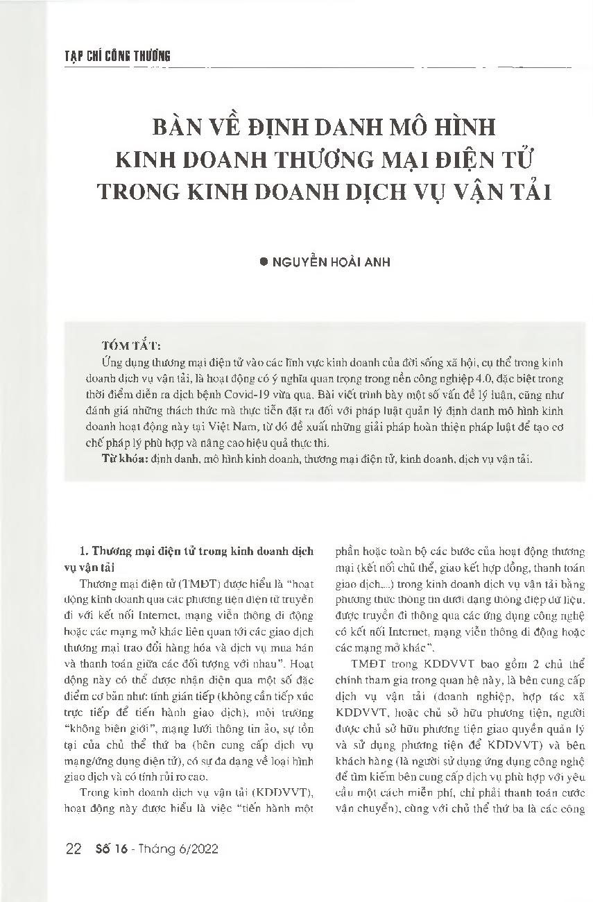 Bàn về định danh mô hình kinh doanh thương mại điện tử trong kinh doanh dịch vụ vận tải = Discussing the identification of the transportation services based on the e-commerce business model