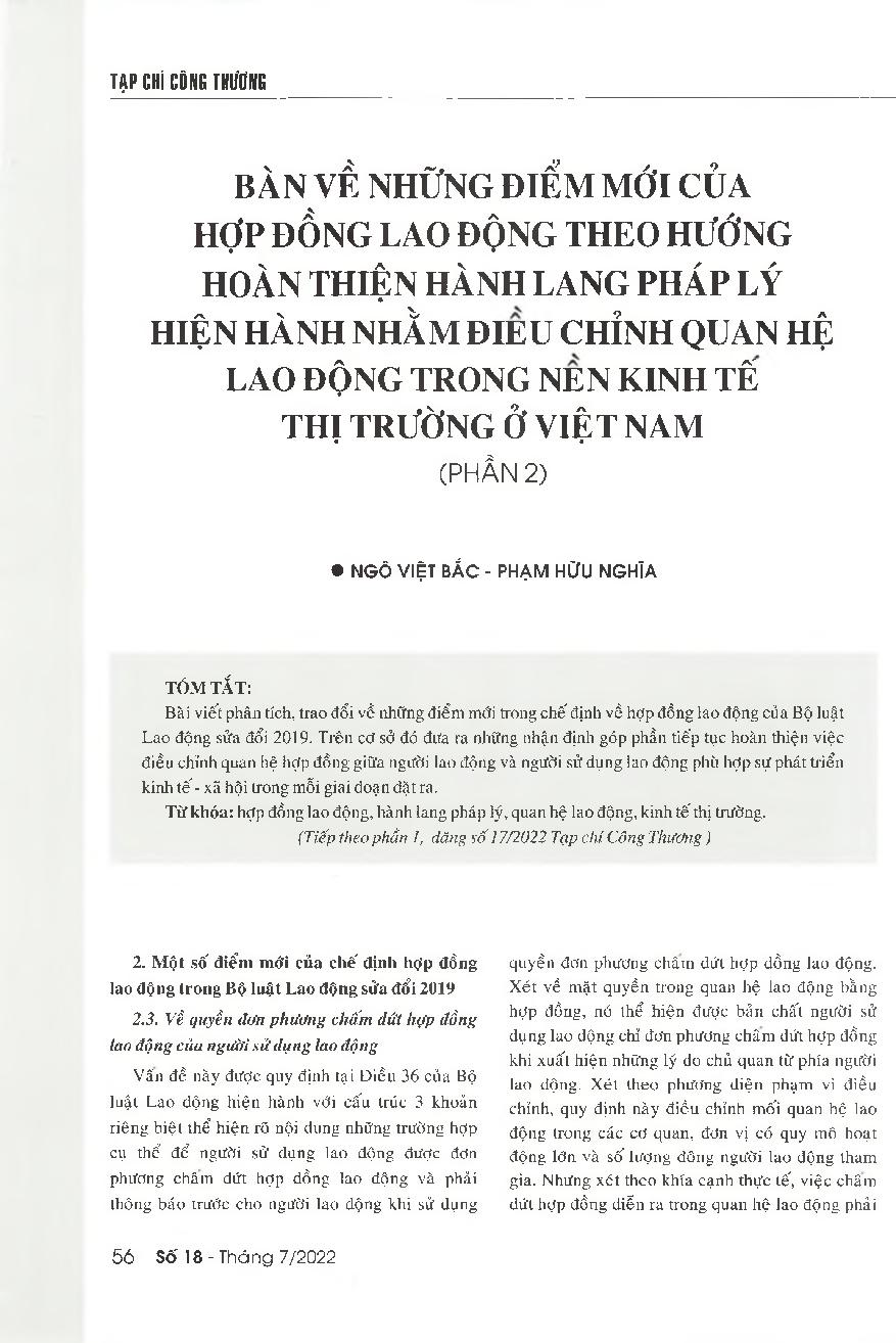 Bàn về những điểm mới của hợp đồng lao động theo hướng hoàn thiện hành lang pháp lý hiện hành nhằm điều chỉnh quan hệ lao động trong nền kinh tế thị trường ở Việt Nam (Phần 2) = Discussing new points of the employment contract to further improve current l