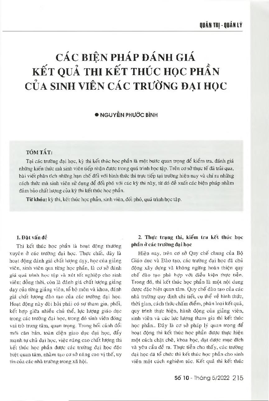 Các biện pháp đánh giá kết quả thi kết thúc học phần của sinh viên các trường đại học = Measures to assess the results of student ending examination of university students