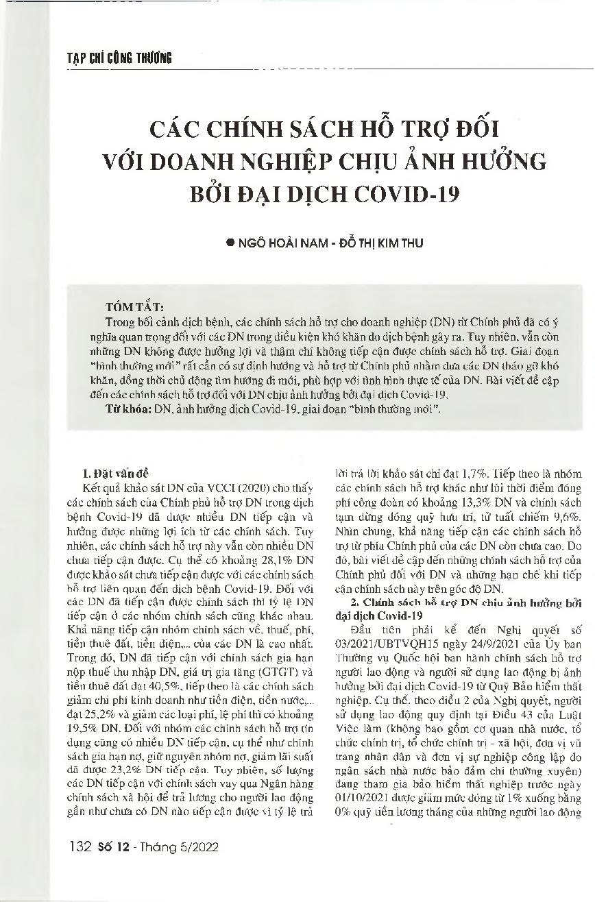 Các chính sách hỗ trợ đối với doanh nghiệp chịu ảnh hưởng bởi Covid-19 tại Việt Nam = Vietnam's support policies for businesses affected by the COVID-19 pandemic
