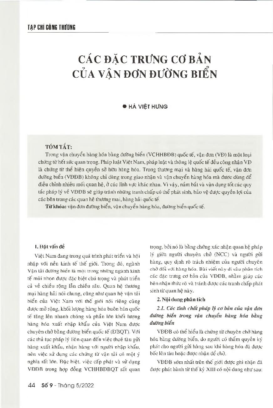 Các đặc trưng cơ bản của vận đơn đường biển = Main characteristics of an ocean bill of lading