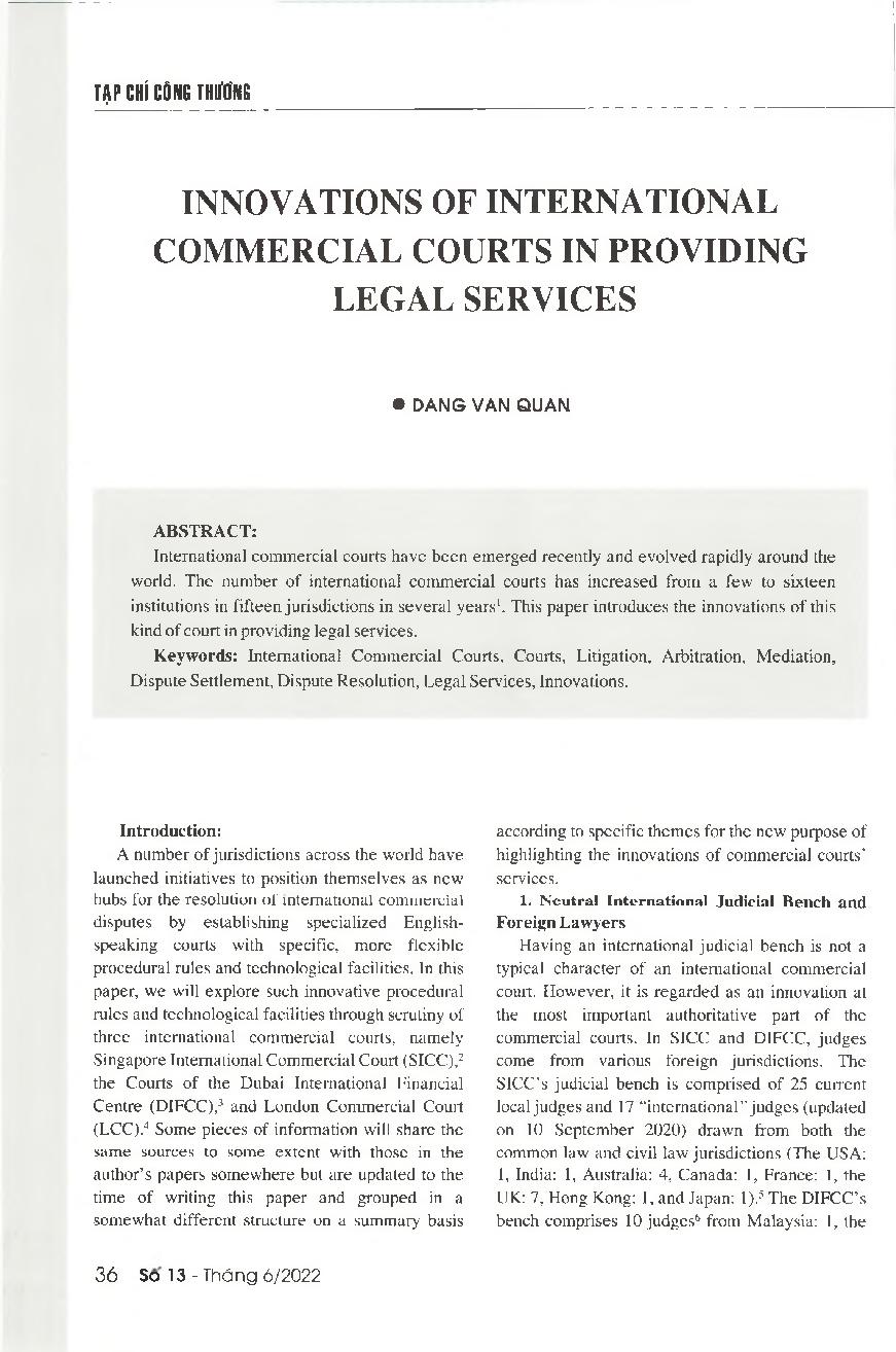 Các đổi mới, sáng tạo của toà án thương mại quốc tế trong cung cấp dịch vụ pháp lý = Innovations in providing services of International Commercial Courts