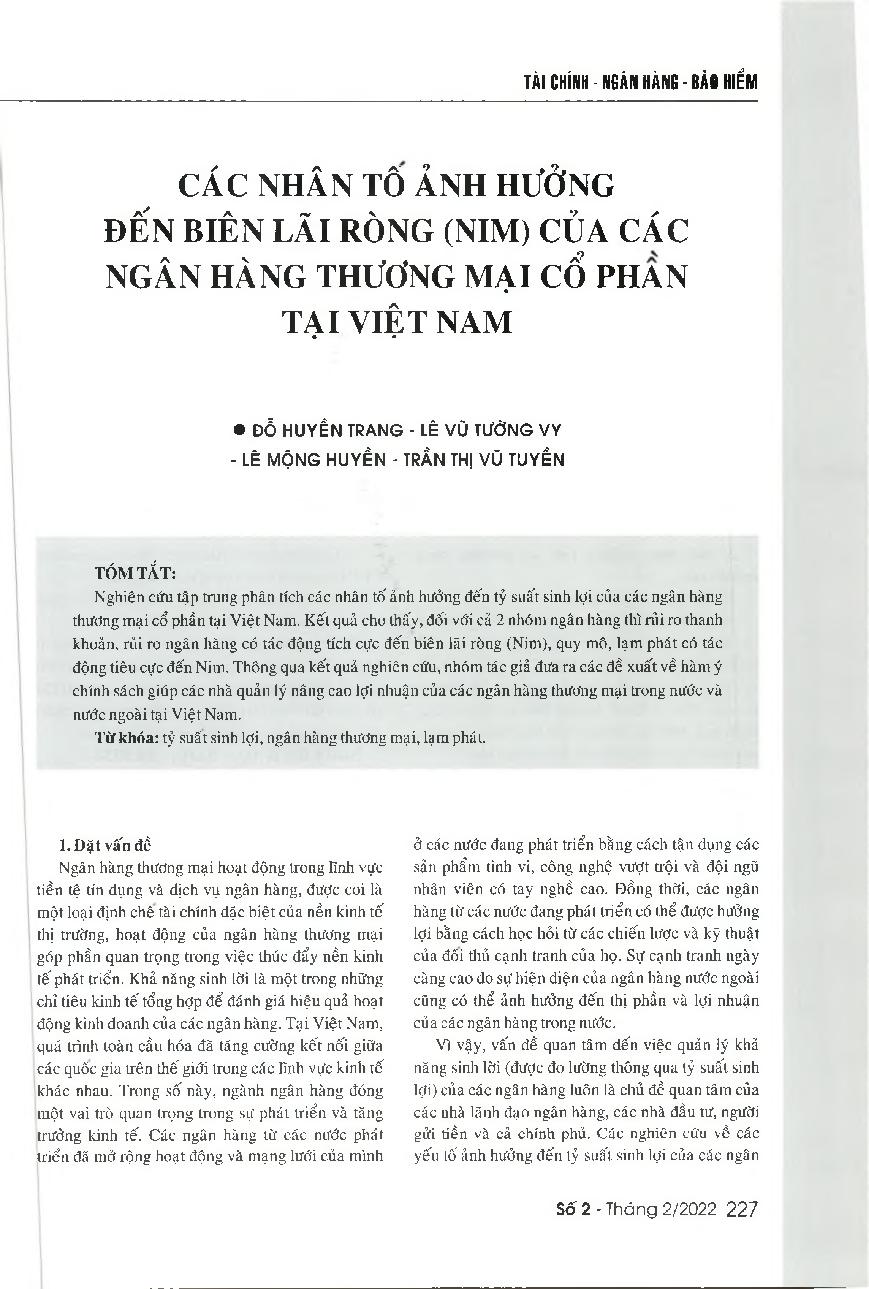 Các nhân tố ảnh hưởng đến biên lãi ròng (NIM) của các ngân hàng thương mại cổ phần tại Việt Nam = Factors affecting the net interest margin (NIM) of joint stock commercial banks in Vietnam