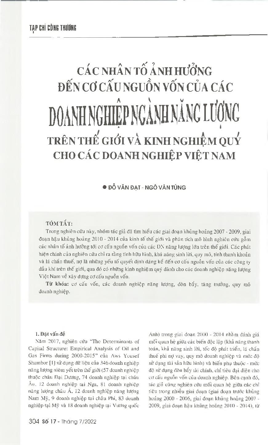Các nhân tố ảnh hưởng đến cơ cấu nguồn vốn của các doanh nghiệp ngành năng lượng trên thế giới và kinh nghiệm quý cho các doanh nghiệp Việt Nam = Factors affecting the the capital structure of major energy companies in the world and valuable experiences f