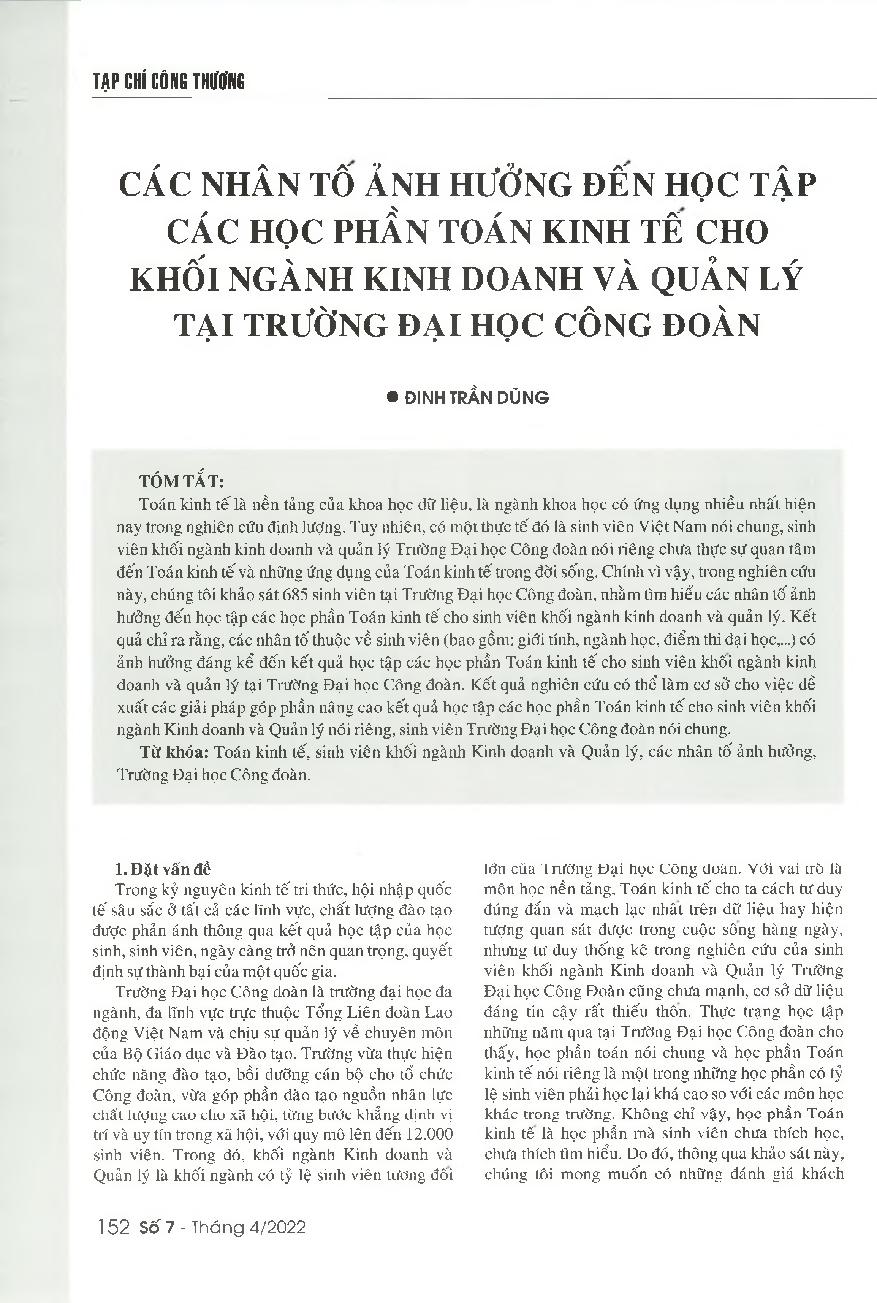 Các nhân tố ảnh hưởng đến học tập các học phần toán kinh tế cho khối ngành Kinh doanh và Quản lý tại Trường Đại học công đoàn = Factors affecting the learning mathematical economics of Trade Union University's students majoring in business and managem