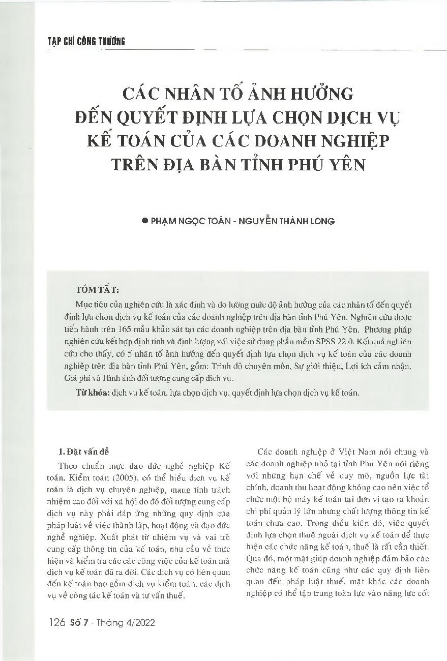 Các nhân tố ảnh hưởng đến quyết định lựa chọn dịch vụ kế toán của các doanh nghiệp trên địa bàn tỉnh Phú Yên = Factors affecting the decision of enterprises in Phu Yen province to choose accounting services