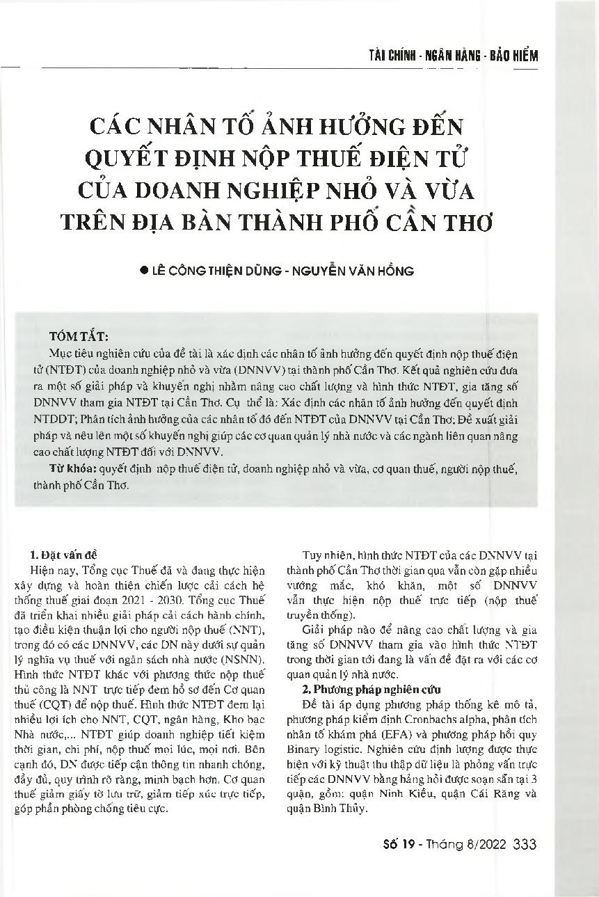 Các nhân tố ảnh hưởng đến quyết định nộp thuế điện tử của doanh nghiệp nhỏ và vừa trên địa bàn thành phố Cần Thơ = Factors affecting the decision to pay electronic tax of small and medium-sized enterprises in Can Tho city