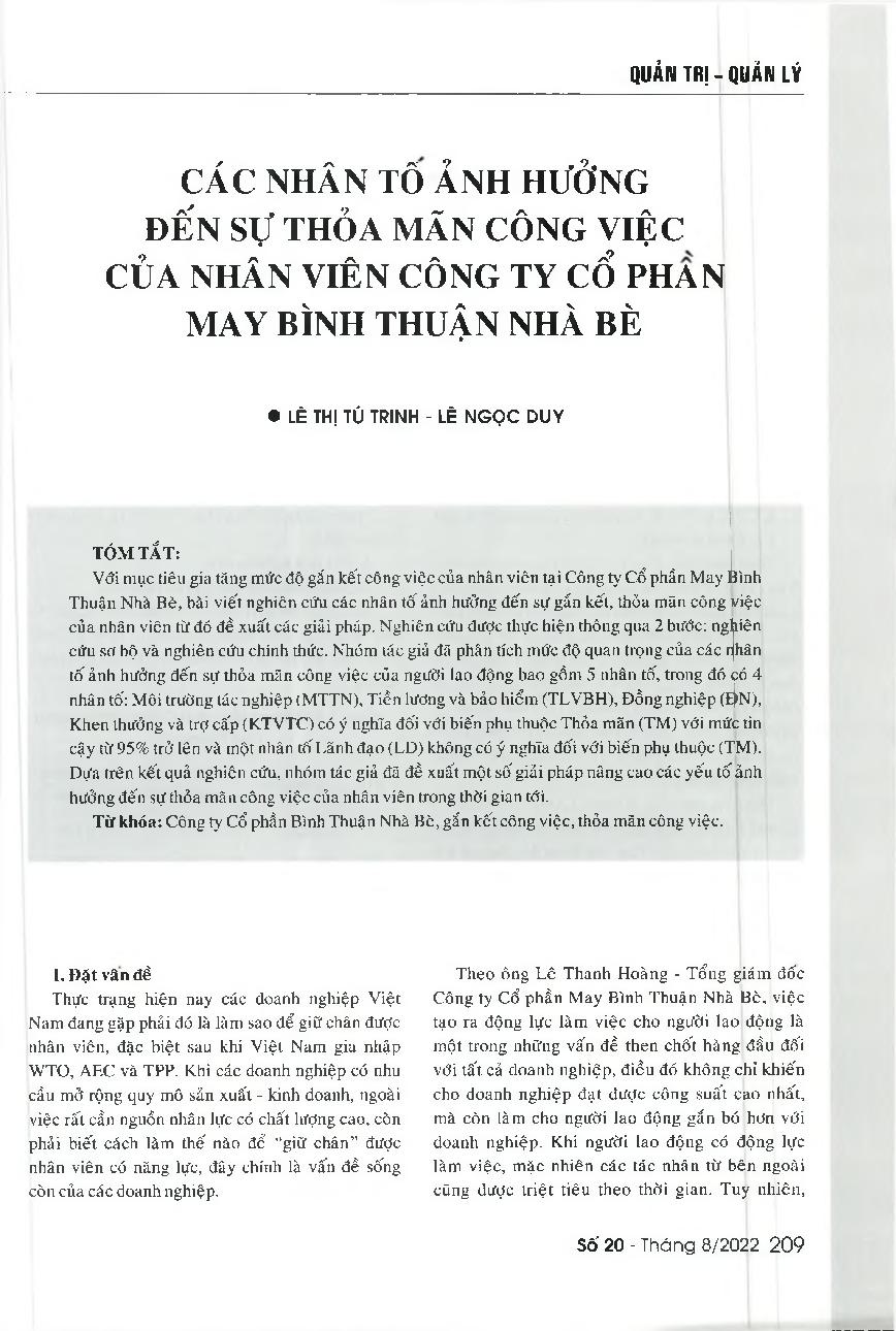 Các nhân tố ảnh hưởng đến sự thỏa mãn công việc của nhân viên công ty cổ phần May Binh Thuận Nhà Bè = Factors affecting the employee's engagement and satisfaction at Binh Thuan Nha Be Garment Joint stock Company