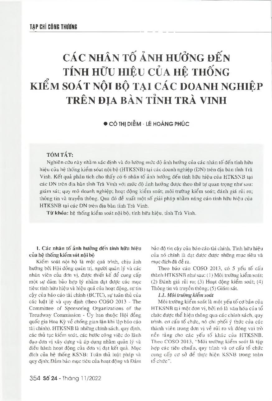 Các nhân tố ảnh hưởng đến tính hữu hiệu của hệ thống kiểm soát nội bộ tại các doanh nghiệp trên địa bàn tỉnh Trà Vinh = Factors affecting the effectiveness of the internal control system of enterprises in Tra Vinh province