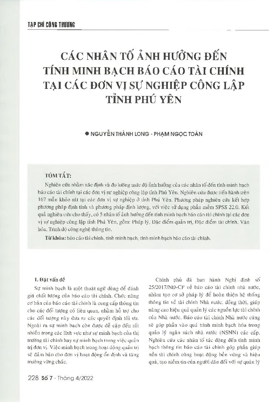 Các nhân tố ảnh hưởng đến tính minh bạch báo cáo tài chính tại các đơn vị sự nghiệp công lập tỉnh Phú Yên = Factors affecting the transparency of financial statements of public non-business units in Phu Yen province