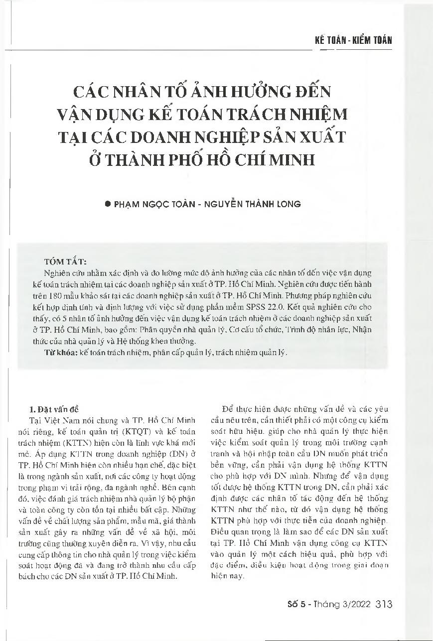 Các nhân tố ảnh hưởng đến vận dụng kế toán trách nhiệm tại các doanh nghiệp sản xuất ở thành phố Hồ Chí Minh = Factors affecting the application of responsibility accounting in manufacturing enterprises in Ho Chi Minh City