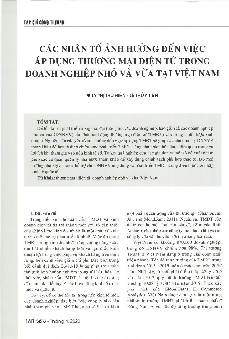 Các nhân tố ảnh hưởng đến việc áp dụng thương mại điện tử trong doanh nghiệp nhỏ và vừa tại Việt Nam = Factors affecting the e-commerce implementation of small and medium-sized enterprises in Vietnam