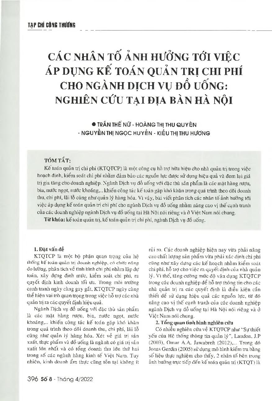 Các nhân tố ảnh hưởng tới việc áp dụng kế toán quản trị chi phí cho ngành Dịch vụ đồ uống: Nghiên cứu tại địa bàn Hà Nội = Factor affecting the use of cost management accounting in the beverage service industry: A study on beverage service companies in Ha