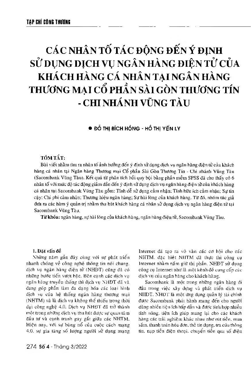 Các nhân tố tác động đến ý định sử dụng dịch vụ ngân hàng điện tử của khách hàng cá nhân tại Ngân hàng Thương mại cổ phần Sài Gòn Thương Tín - Chi nhánh Vũng Tàu = Factors affecting the decision of individual customers to use e-banking services provided b