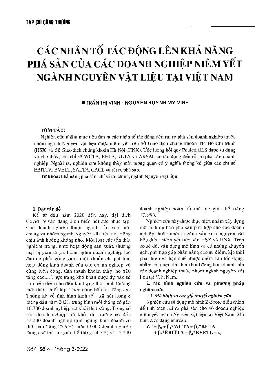 Các nhân tố tác động lên khả năng phá sản của các doanh nghiệp niêm yết ngành Nguyên vật liệu tại Việt Nam = Factors affecting the bankruptcy of listed materials manufacturing enterprises in Vietnam