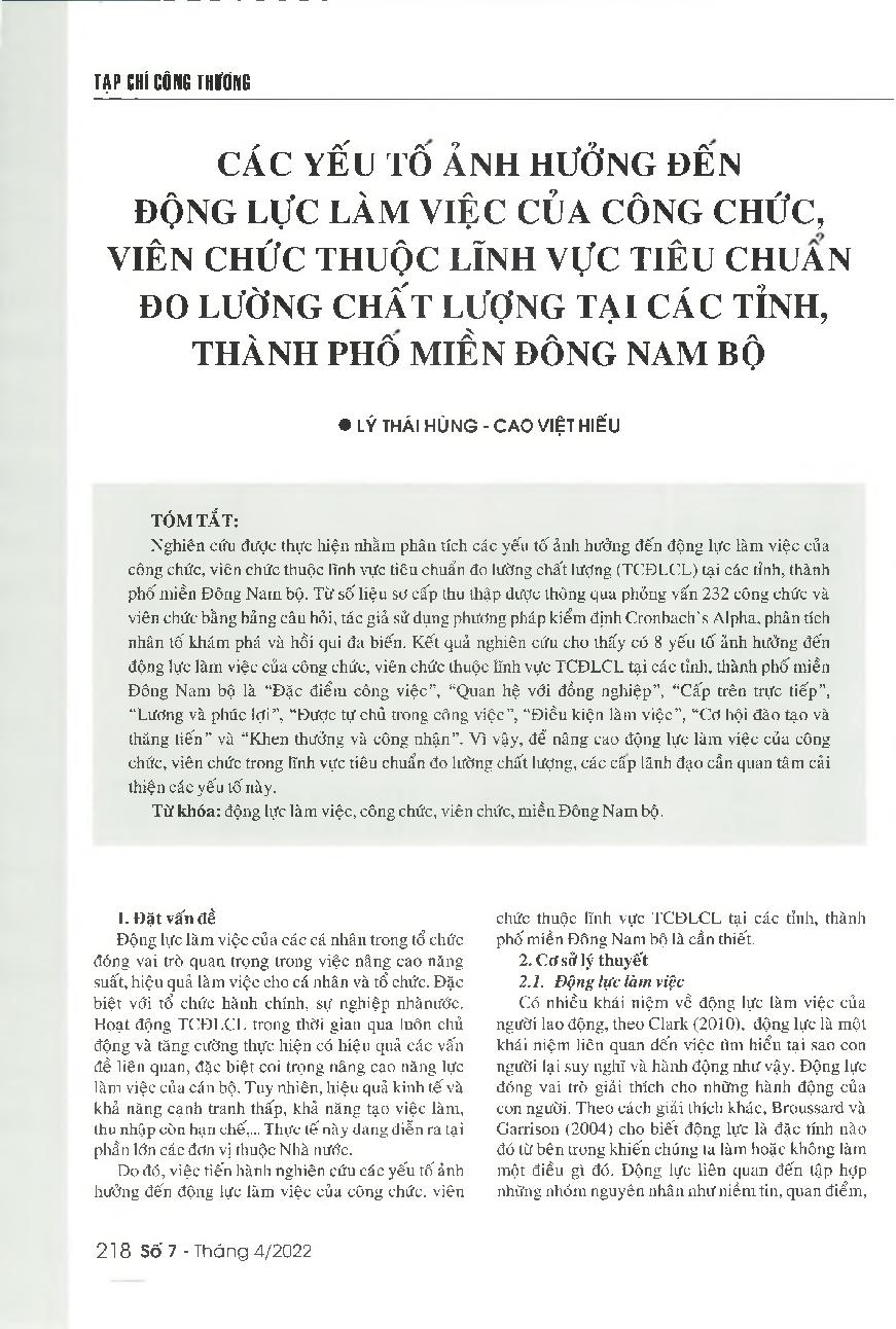 Các yếu tố ảnh hưởng đến động lực làm việc của công chức, viên chức thuộc lĩnh vực tiêu chuẩn đo lường chất lượng tại các tỉnh, thành phố miền Đông Nam bộ = Factors affecting the working motivation of standards metrology and quality civil servants and off