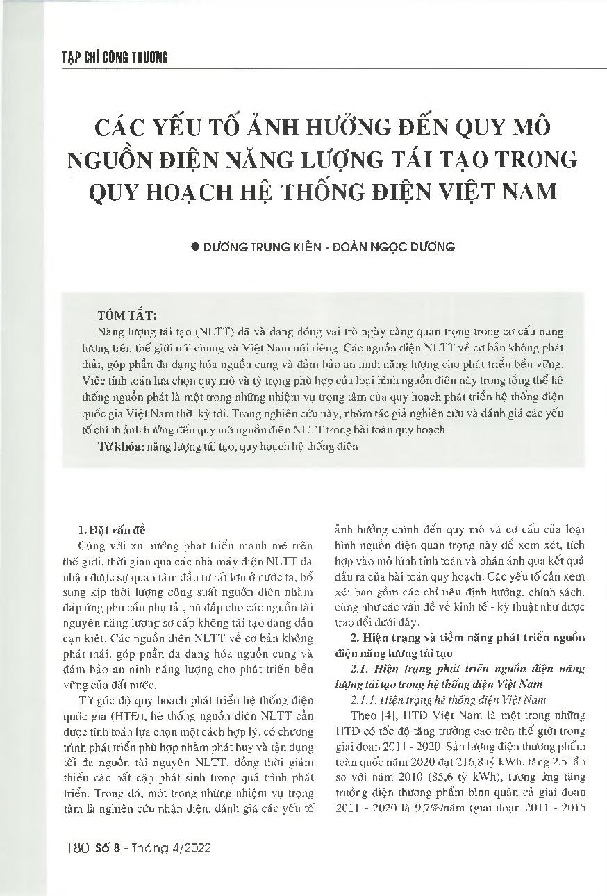 Các yếu tố ảnh hưởng đến quy mô nguồn điện năng lượng tái tạo trong quy hoạch hệ thống điện Việt Nam = Factors affecting the scale of renewable energy sources in the national power system development planning of Vietnam