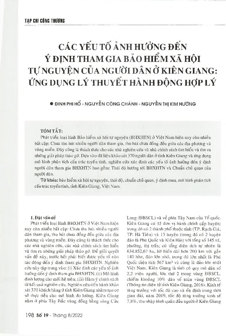 Các yếu tố ảnh hưởng đến ý định tham gia Bảo hiểm xã hội tự nguyện của người dân ở Kiên Giang: Ứng dụng lý thuyết hành động hợp lý = Factors affecting the intention of people in Kien Giang province to participate in the voluntary social insurance: Using t