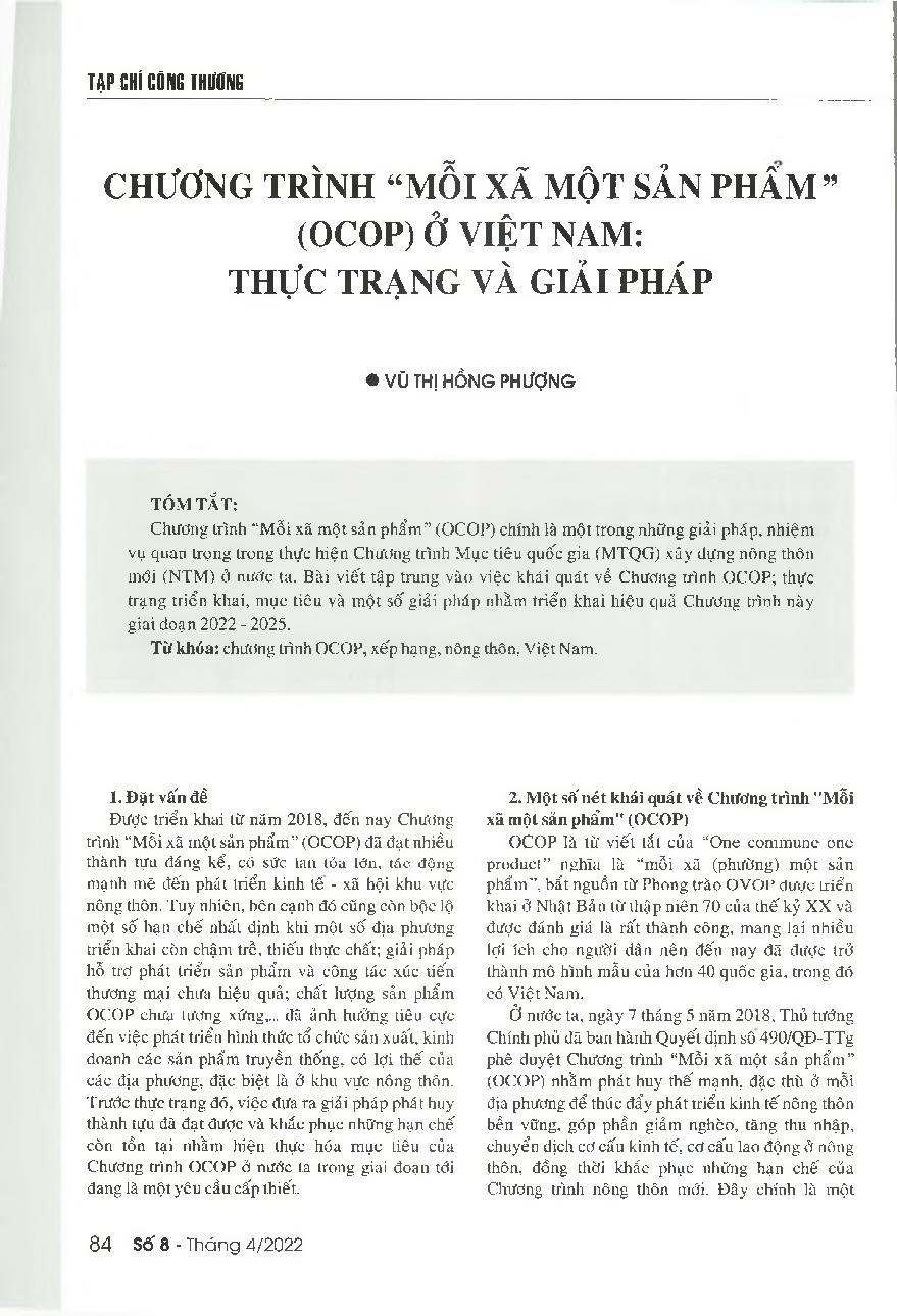 Chương trình "Mỗi xã một sản phẩm" (OCOP) ở Việt Nam: Thực trạng và giải pháp = The One Commune One Product (OCOP) program in Vietnam: Current implementation and solutions