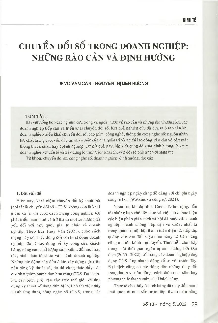 Chuyển đổi số trong doanh nghiệp - Những rào cản và định hướng = Digital transformation in enterprises - Barriers and orientations