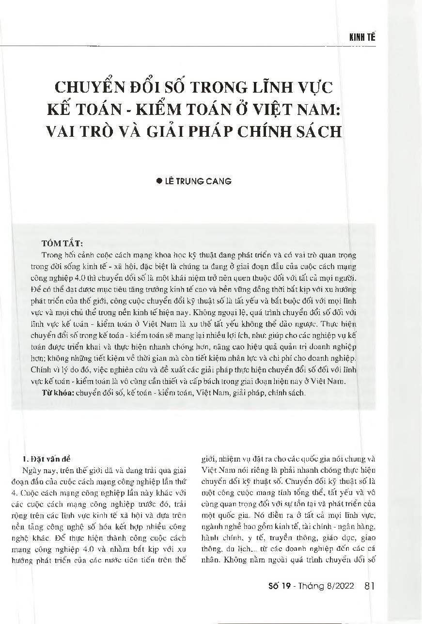 Chuyển đổi số trong lĩnh vực kế toán - kiểm toán ở Việt Nam: Vai trò và giải pháp chính sách = Digital transformation in Vietnam's accounting - auditing field: The role of policy solutions
