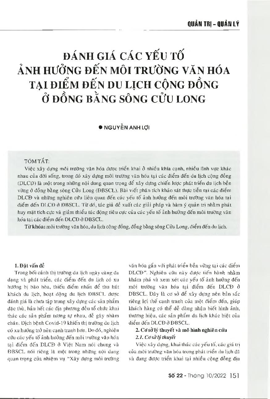 Đánh giá các yếu tố ảnh hưởng đến môi trường văn hóa tại điểm đến du lịch cộng đồng ở đồng bằng sông Cửu Long = Exploring factors affecting the cultural environment at community tourism destinations in the Mekong Delta region