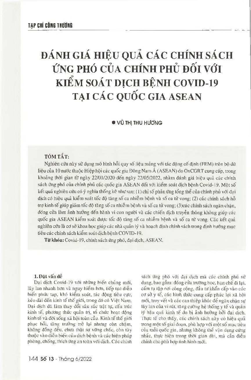 Đánh giá hiệu quả các chính sách ứng phó của chính phủ đối với kiểm soát dịch bệnh Covid-19 tại các quốc gia ASEAN = Evaluating the effectiveness of ASEAN countries' response policies on controlling the Covid-19 pandemic