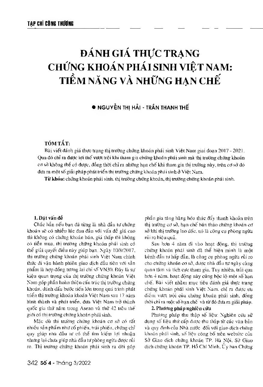 Đánh giá thực trạng chứng khoán phái sinh Việt Nam: Tiềm năng và những hạn chế = Assessing the current situation of the Vietnamese derivative securities market: Potential and limitation