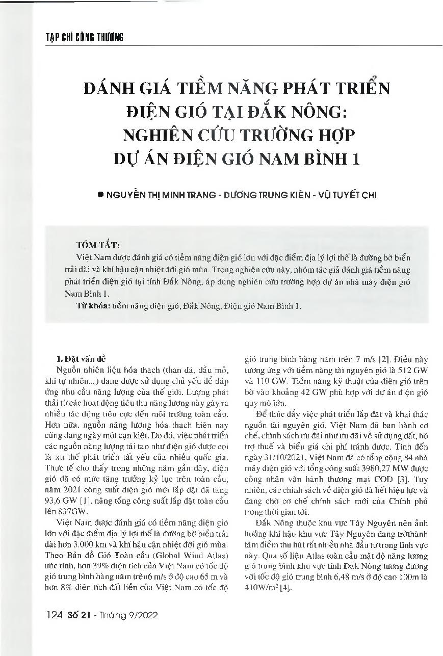 Đánh giá tiềm năng phát triển điện gió tại Đắk Nông - Nghiên cứu trường hợp Dự án điện gió Nam Bình 1 = Evaluating the wind energy potential in Dak Nong Province: Case study of Nam Binh Wind Power Plant 1 Project