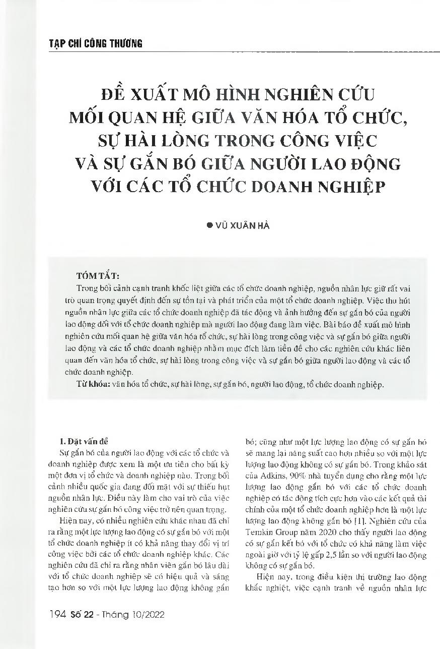 Đề xuất mô hình nghiên cứu mối quan hệ giữa văn hóa tổ chức, sự hài lòng trong công việc và sự gắn bó giữa người lao động và các tổ chức doanh nghiệp = A research model for exploring the relationship between organizational culture, job satisfaction and or