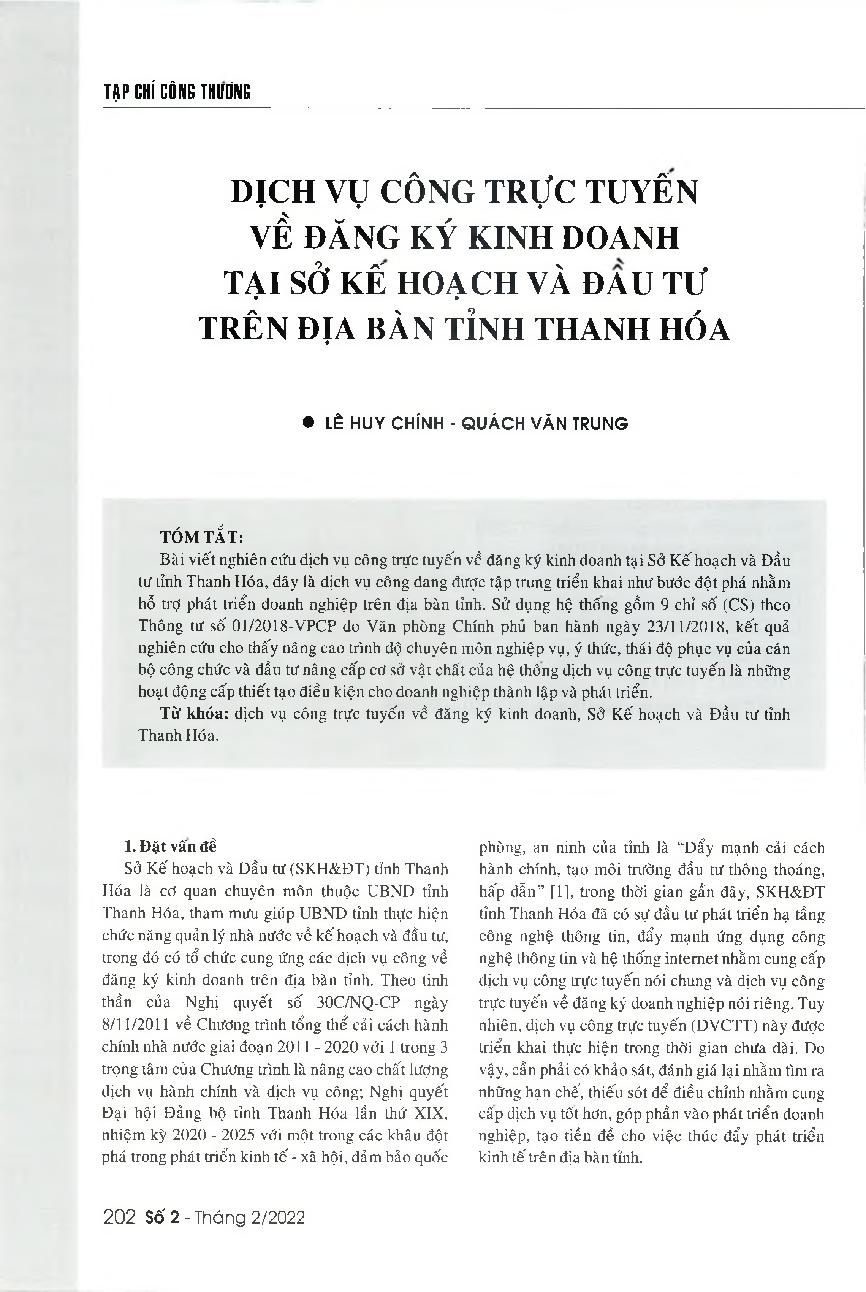 Dịch vụ công trực tuyến về đăng ký kinh doanh tại sở Kế hoạch và Đầu tư trên địa bàn tỉnh Thanh Hóa = The online business registration services of the Thanh Hoa Province Planning and Investment Department
