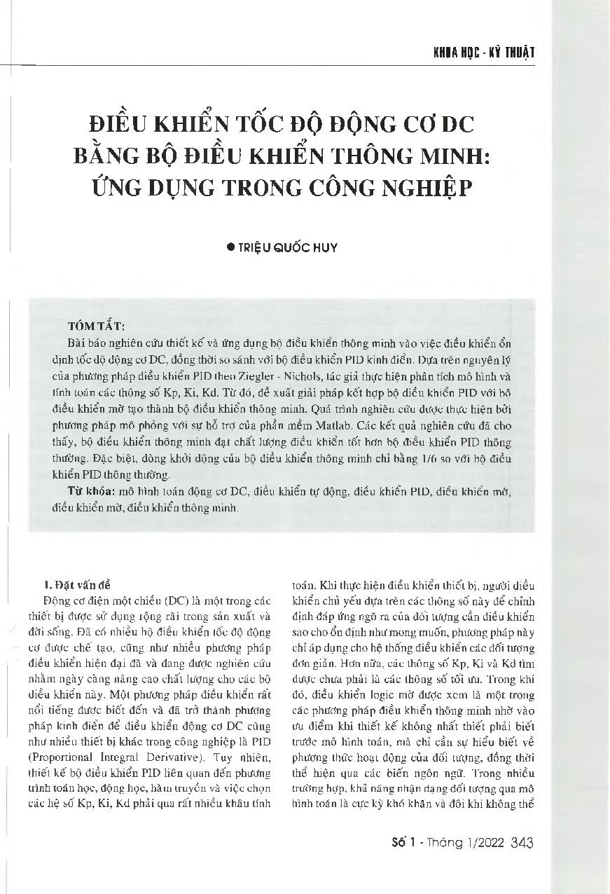 Điều khiển tốc độ động cơ DC bằng bộ điều khiển thông minh: ứng dụng trong công nghiệp = Using the intelligent controller to control DC motor's speed: An application in the industrial field