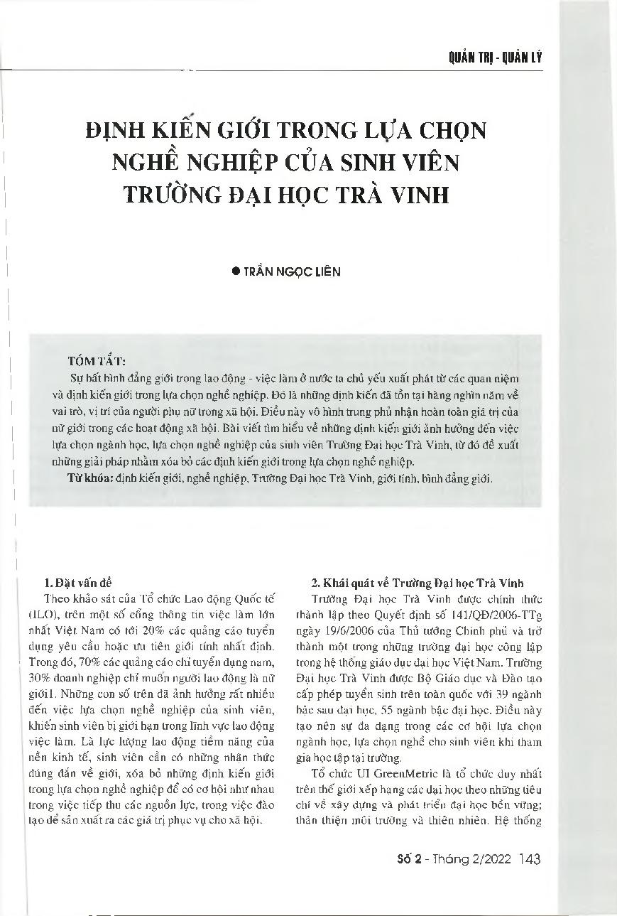 Định kiến giới trong lựa chọn nghề nghiệp của sinh viên Trường Đại học Trà Vinh = The gender stereotypes and their impacts on the career choice of Tra Vinh University students