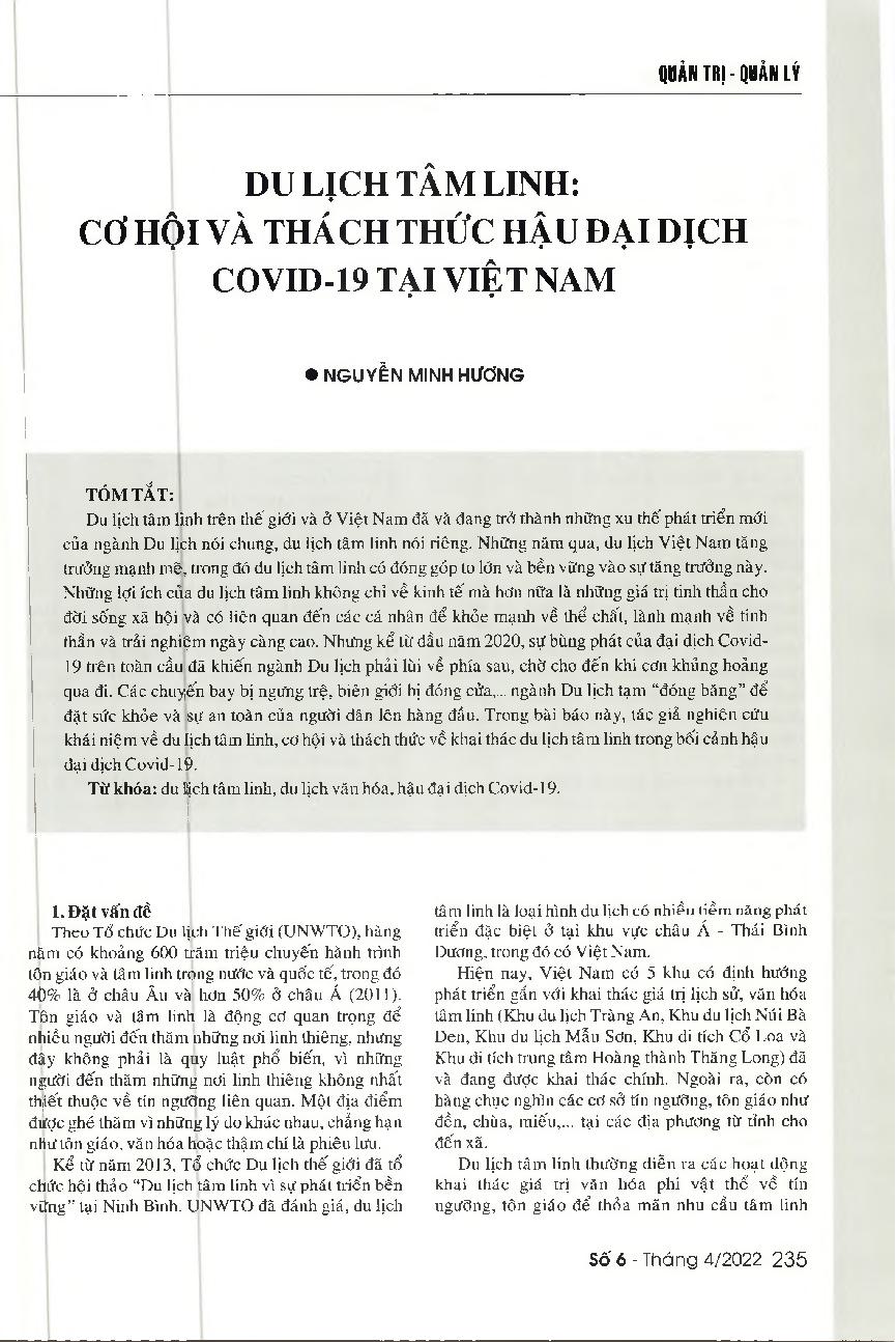 Du lịch tâm linh: cơ hội và thách thức hậu đại dịch COVID-19 tại Việt Nam = Spiritual tourism in Vietnam: Opportunities and challenges in the post-COVID-19 era