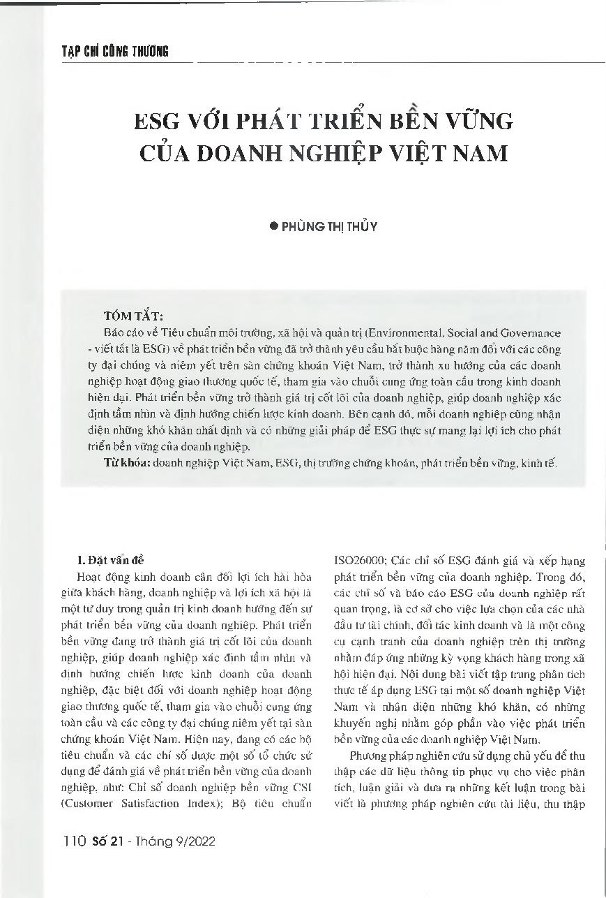 ESG với phát triển bền vững của doanh nghiệp Việt Nam = The role of ESG in the sustainable development of Vietnamese enterprises