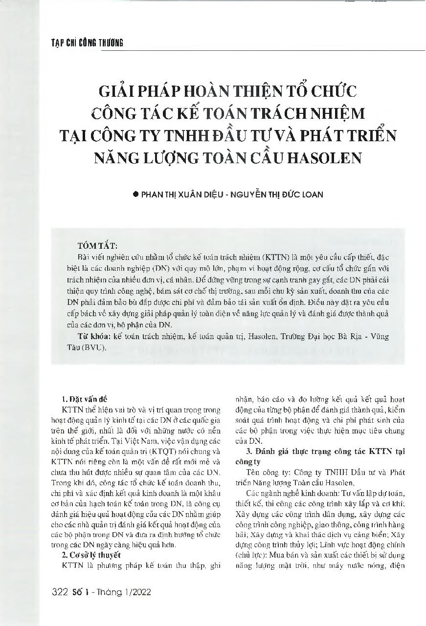 Giải pháp hoàn thiện tổ chức công tác kế toán trách nhiệm tại Công ty TNHH Đầu tư và Phát triển Năng lượng Toàn cầu Hasolen = Solutions to perfect the responsibility accounting at Hasolen Global Energy Investment and Development Co.,Ltd