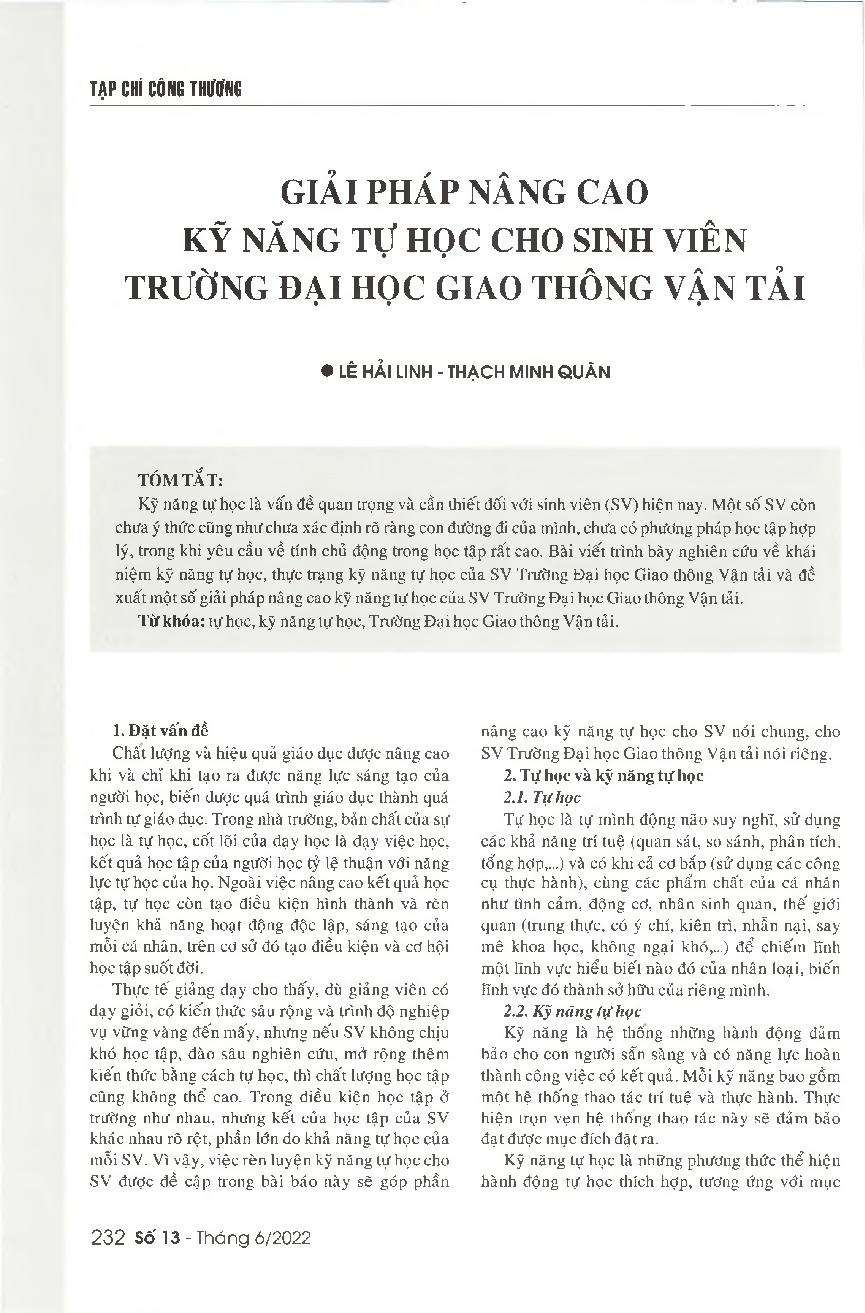 Giải pháp nâng cao kỹ năng tự học cho sinh viên Trường Đại học Giao thông vận tải = Solutions to improve the self-learning skills of the University of Transport and Communications' students