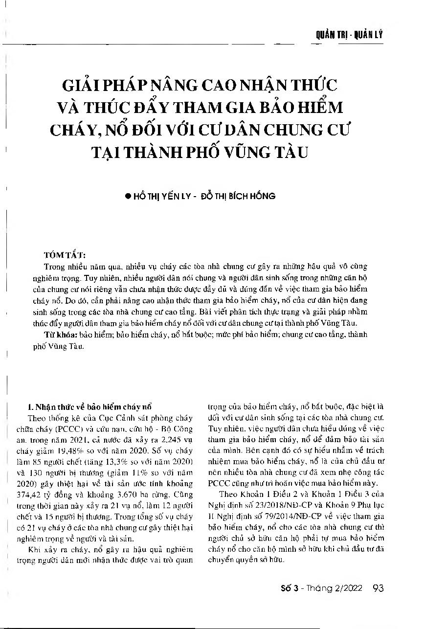 Giải pháp nâng cao nhận thức và thúc đẩy tham gia bảo hiểm cháy, nổ đối với cư dân chung cư tại thành phố Vũng Tàu = Solutions to encourage residences living in apartement buildings to get fire and explosion insurance in Vung Tau city