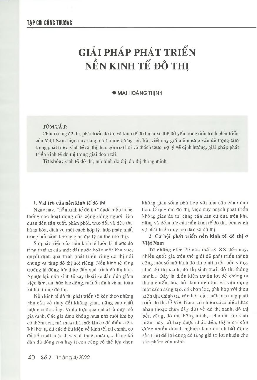 Giải pháp phát triển nền kinh tế đô thị = Solutions for the urban economic development of Vietnam